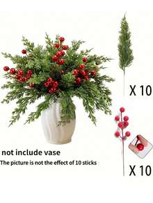 30pcs Christmas Artificial Pine Branches With Red Berries, Faux Norfolk Pine Needles, For DIY Crafts, Wreaths, Home Decor, And Christmas Tree Ornaments, Tabletop Plastic Greenery For Seasonal Fall, Winter, And Holiday Arrangements