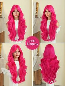 7JHH WIGS Gorgeous 28-Inch Extra Long Wavy Hot Pink Wig For Women, Fluffy Wave Curly Wigs With Curtain Bangs, Synthetic Fiber Hair Full Machine Fluorescent Pink Wigs For Daily & Music Festival Party Wear, Halloween Cosplay Costume Use All-Match Fashion Accessories - 粉色 - 查看 7
