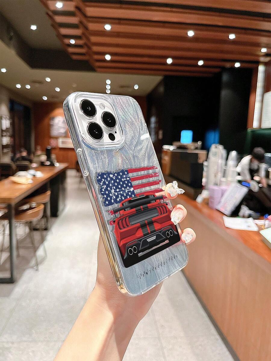 US Flag Red Sports Car Phone Case, Personalized Compatible With Iphone 16 Pro Max, 15, 14 Plus, 13, 12, 11 Protective Cover - Colored Silver Frosted Transparent Frame - View 1