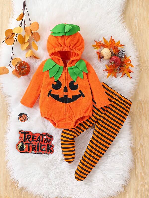 Boys' Halloween Pumpkin Face Print Long Sleeve Hooded Bodysuit + Striped Footed Pants Set, Spring/Autumn