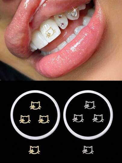 novani Caja de 3 piezas de joyas para dientes de gato pequeñas de metal, joyería para dientes con estilo hip hop Y2k (Oro/Plata)