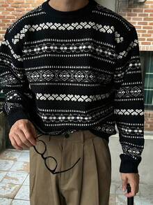BAI YUE -Inspired Relaxed-Fit Geometric Pattern Crewneck Pullover Knit Sweater For Men, For Fall Winter - Black - View 4