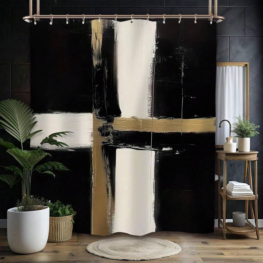 Abstract Modern Shower Curtain Minimalist Neutral Contemporary Black White Brushstroke Art Oil Painting Waterproof Bathroom Curtain With Hooks, Winter Christmas Shower Curtain For Bathroom, Bathroom Shower Curtain Set, Home Shower Curtain, Shower Drape, Shower Curtains For Living Room, Door Curtain, Room Divider Curtains, Long Shower Curtain, Fabric Shower Curtain With Hangers, Curtains For Bedroom, Curtain Gifts For Women, Bath Curtain Gifts For Mom, Christmas Gifts, Bathroom Decor, Room Decor, Home Decor, Christmas Decor - 彩色 - 查看 1