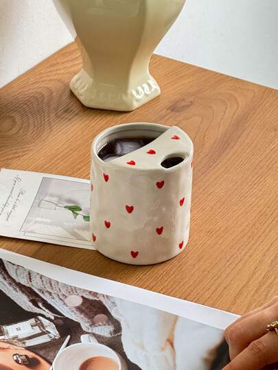 1pc Red & Pink Heart Ceramic Mug With Straw, Cute Korean Style, Convenient Handgrip, Hand-Painted Heart Pattern, Suitable For Home Breakfast, Milk, Tea, Water, Juice, Office, Girlfriend Afternoon Tea, Valentine's Day