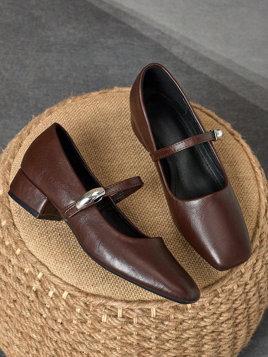 MonaNise Giày cao gót đế xuồng đế dày 3cm thời trang nữ màu đen, xanh navy, cà phê, đỏ tía, giày bệt thanh lịch - Cà phê nâu - Xem 1