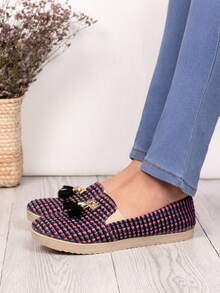 Mocasines casuales para mujer con borlas y diseño geométrico, punta redonda, estilo casual, ideales para oficina y diario, alpargatas planas - Morado - Ver 3