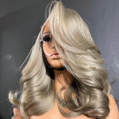 Ash Blonde Front Lace Human Hair Bob Wig 13x4 Big Lace Ashly Grey Body Wave Wet Natural Hair For Women Pre Plucked Natural Hairline 180 Density Date Party Halloween Beginners Silverly