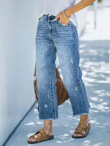 Comfortable Loose Fit Stretchy Distressed Frayed Hem Straight Leg Jeans, Women Street Style Washed Blue Denim Pants