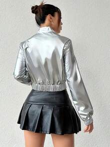 女士金属金色飞行员飞行员夹克 - 闪亮短款拉链开合外套，立领和长袖，摩托车风格设计，适合春秋季休闲到半正式服装（可手洗） - 銀色 - 查看 5