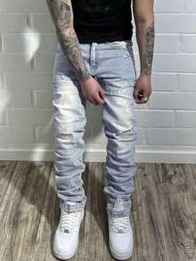 Men Ripped Skinny Jeans - Light Wash - View 1