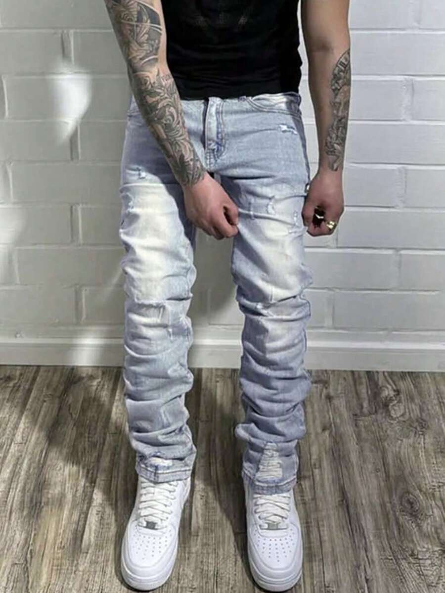 Men Ripped Skinny Jeans - Light Wash - View 1