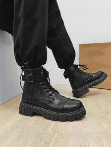 SLNU★3 Brand Men's Fashionable Thick Sole High-Top Boots  Punk  Preppy  Casual    Suitable For Outdoor  Four Seasons - 黑色 - 查看 2