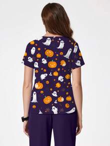 cimmuovere Women's Halloween Print V-Neck Multi-Pocket Scrubs Nurse Scrubs Workwear Dentist Healthcare Pet Hospital Laboratory Uniform Top - Purple - View 4