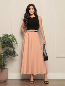 Women's Long Round Skirt Tailoring Evangelical Fashion Casual Basic Winter High Waist Elegant - 奶油色 - 查看 2