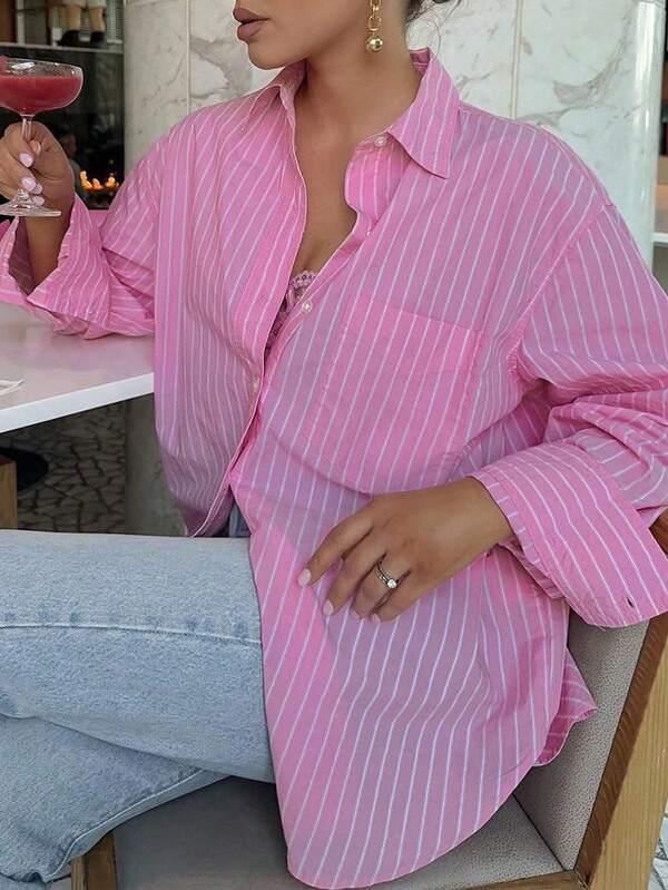 Chemise à manches longues rayée pour femmes Look Polly, mode décontractée à simple boutonnage, vêtements d'automne pour femmes, design de poche, vêtements de retour à l'école, style "Old Money" pour femmes, chemise de plage, de Thanksgiving, de Noël, blouses chics de plage pour femmes, Nouvel An