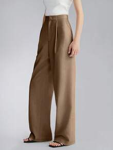 Women's High Waist Side Pocket Wide Leg Suit Pants, Spring/Autumn - Brown - View 3