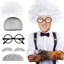 Elderly Mad Scientist Wig Set, Eyebrows, Beard And Glasses, Crazy Old Scientist Wig, Halloween Dress Up Grandpa Costume Accessories, Role-Playing Party Supplies - Multicolor - View 8