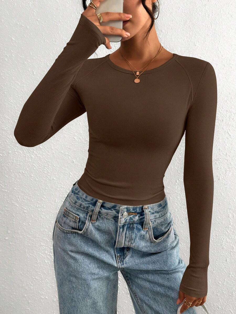 PRETTYGARDEN Women Spring And Fall Long Sleeve Shirts Clothes Cute Going Out Tops Ribbed Tight Fitted Plain Basic Tee Tshirts Vacation Outfits For Women - 棕色 - 查看 1