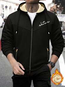 1 pièce Veste à capuche décontractée pour homme en polyester, à manches longues, avec peu d'élasticité, ourlet ouvert, fermeture à glissière, style régulier, manteau d'automne et d'hiver, version épaisse - Noir - Voir 2