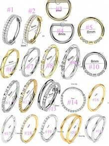20 modelos de anillos de nariz de titanio G23 con circonita incrustada para mujeres, 16G, adecuados para el septo nasal, el labio, el trago, la hélice, la aurícula, el cartílago de la oreja, el oído, el aro de la oreja, joyería de perforación, diámetro de 8 mm en plata y oro, adecuados para uso diario, fiestas, vacaciones, trajes de baño, tomar el sol, bares, bailes, reuniones, San Valentín, para hombres y mujeres