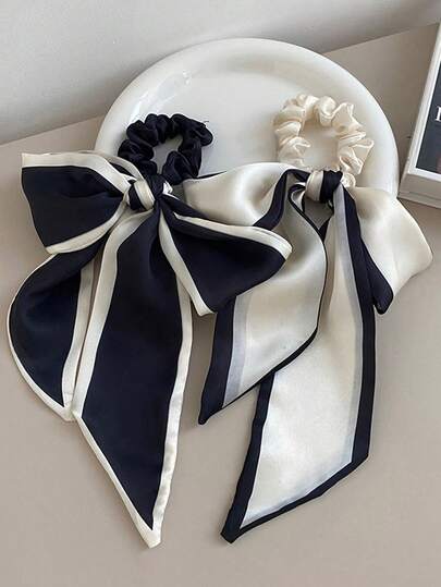 2pcs/1pc Women's Black & White Large Silky Satin Scrunchie, Fashion Versatile High-End Elegant Simple Solid Color Hair Tie, Suitable For Daily Wear, Casual, Party, Commute, Beach, Ponytail, Bun, Face Washing, Makeup, Outfit Accessory, Ponytail Holders, Hair Elastics, Hair Rubber Bands, Scrunchies, Elastic Hair Tie, Home Beauty Women Accessory Gifts ,Gifts