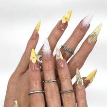 10 PCS Handmade 2025 Press - On Nails | SunnyButterfly Acrylic Nail Art With Yellow - Pink Hues And Pearl Details - 黃色 - 查看 3