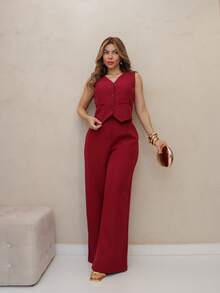 Women's Set: Vest With Formal Tailored Trousers With Front Button - Burgundy - View 3