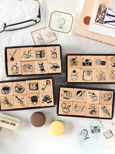 8pcs/Box Vintage Design Wood Stamps, Exquisite Wooden Stamp Set With Clear Pattern Engraving,For Scrapbook And DIY Handbook Decorative Stamps, Gift For Friends