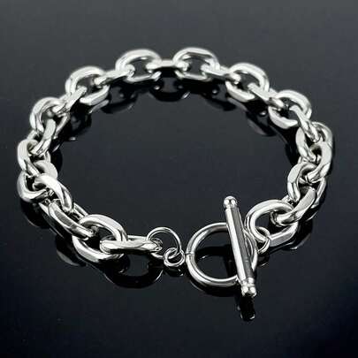 1pc Fashionable Stainless Steel O-Shape Angle OT Clasp Thick Men's Bracelet, Suitable For Daily Wear