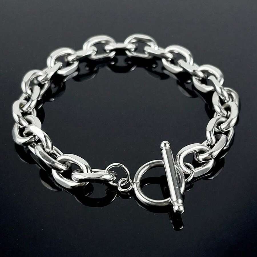 1pc Fashionable Stainless Steel O-Shape Angle OT Clasp Thick Men's Bracelet, Suitable For Daily Wear - Bạc - Xem 1