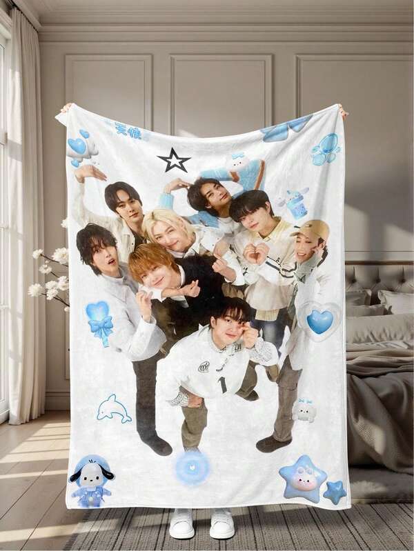 1pc Cartoon K-Pop Band Design Flannel Blanket, Home Room Decor, Picnic, Travel, Fluffy Throw Blanket, Soft Cozy Blanket For Autumn, Bedroom Decor, Birthday, Anniversary, Daily Gift For Family & Friends