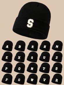 1pc Black Knit Hat With 26 Letter Pattern, Suitable For Toddlers, Infants, Teens Boys And Girls, Y2K Style, Warm And Versatile Winter Cap - Black - View 1