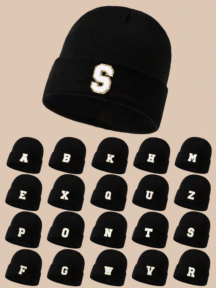 1pc Black Knit Hat With 26 Letter Pattern, Suitable For Toddlers, Infants, Teens Boys And Girls, Y2K Style, Warm And Versatile Winter Cap - Black - View 1
