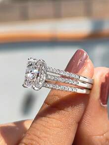 Bộ trang sức bạc S925 đính đá Zirconia sang trọng gồm 3 món, thiết kế độc đáo dành cho nữ, phù hợp cho các bữa tiệc cổ điển, dạ hội, kỷ niệm, một món quà trang sức ý nghĩa dành tặng bạn gái. - Nhẫn kim cương Baguette ba chiếc - Xem 2