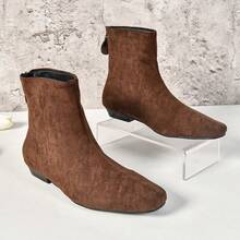 Niche Low Chunky Heel Women Short Boots, Comfortable Versatile Suede Short Boots, Solid Color For Home & Holidays