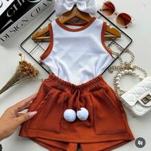 Conjunto Infantil e Juvenil para Meninas e Adolescentes Cropped Regata e Shorts Saia Pompom Conjunto de 2 Peças Primavera Verão CJI001 - Marrom - Visão 2