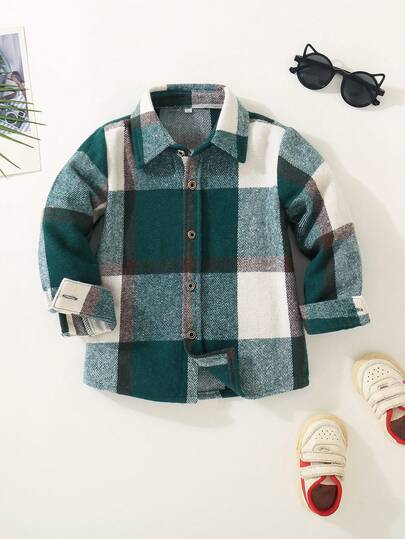 Camisa casual de manga comprida com estampa xadrez e botões na frente para meninos