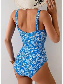 Tummy Control One Piece Swimsuit With Ruched Design - Blue White Floral - View 9