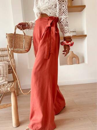 [裤子]女士夏季时尚红色高腰长裤-轻盈透气的面料，优雅大方的设计，完美展现女性曲线