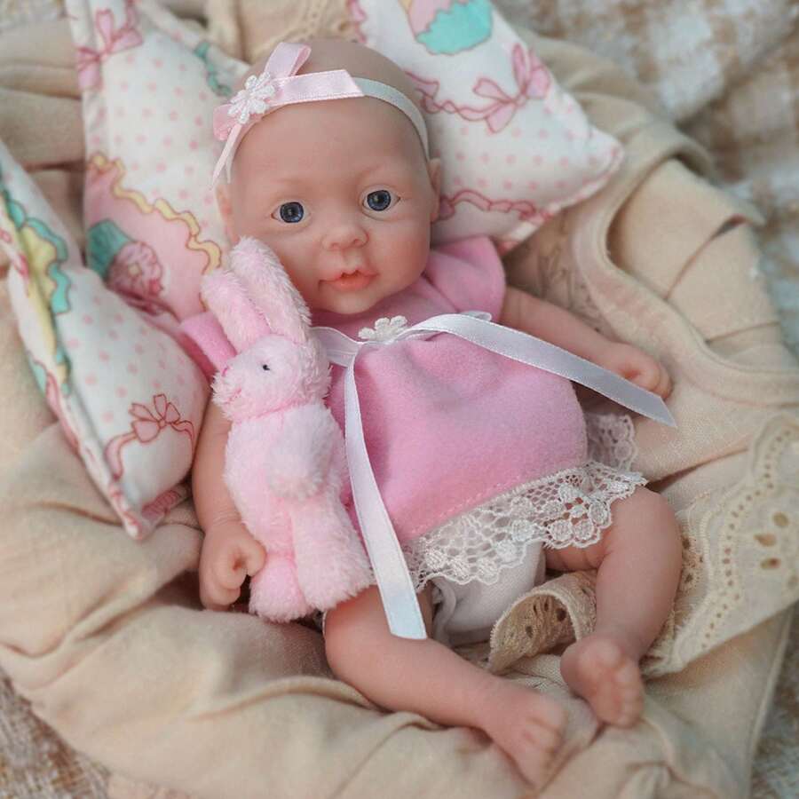 7 Inch Reborn Baby Doll , Silicone Doll Girl , Mini Realistic Newborn Baby Dolls Silicone Full Body With Feeding Accessories ﻿ - Pink - View 1