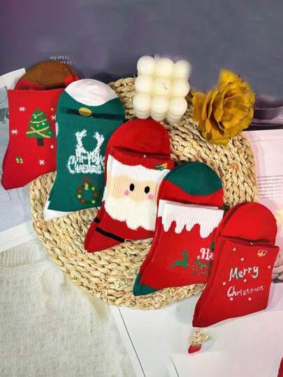 5 Pairs Random Floral & Christmas Orange Socks, Women's Thick Warm Indoor Socks For Winter, Coral Fleece Material