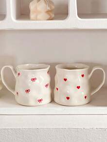 1 件创意可爱陶瓷杯，手绘心形和蝴蝶结图案，不对称杯身，办公室休闲马克杯，家用早餐杯，下午茶可爱饮具，实用陶瓷器皿