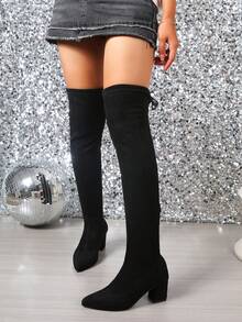 Plus Size Women's Bohemian Style Back Zipper Drawstring Over-The-Knee Boots, Comfortable For Commuting And Daily Wear, Sock Boots, Spring/Autumn