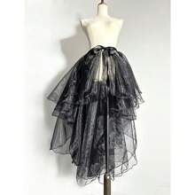 1pc Asymmetric Hem Tuxedo Dress, Asymmetrical Mermaid Tulle Skirt, Asymmetrical Puff Skirt, Flowing Performance Dress, Overlay Dress, Crystal Organza Maxi Skirt, One-Piece Apron, Ruffled Multi-Layer Trailing Dress, Suitable For Weddings, Banquets, Performances, Parties, Bridal, Bridesmaid, Stage Shows, Cosplay, Travel Photography Props, Dance Performances, Halloween Costumes, European-Style Multilayer Lace Ruffle Princess Tie Wedding Dress, Lolita Style Petticoat Underskirt