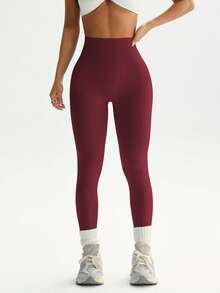 TCVC Women'S High Elastic Fashion Dopamine Sports Leggings, Macaroon Colors, High Waist Tummy Control Peach Butt, High Stretch Sports, Skin-Friendly Fabric, Tight Shaping, Casual Versatile, Autumn/Winter, Sports Tights - Burgundy - View 3