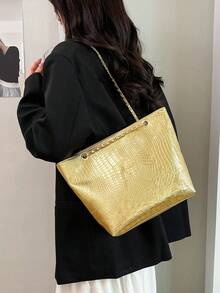 大容量鳄鱼纹单肩托特包，女士手提包，新款PU斜挎链条包 - 金色 - 查看 11