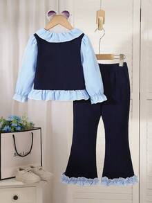 2pcs/Set Young Girl Casual Sweet Princess Everyday Outfit, Pearl Bow Blouse And Flare Pants Set, Autumn/Winter