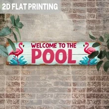 2D Flat, 1 Piece Vintage Flamingo Pool Metal Sign - Aqua Blue And Pink Vintage Design, 3.93x 15.74inch , Durable Outdoor/Indoor Hanging Decoration, Suitable Poolside, Bathroom, Terrace And Summer Parties, Distressed Effect, Home Decoration, Outdoor Garden Art, 2D Flat