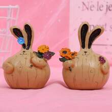 2pcs Resin Hand-Painted Vintage Countryside Rabbit Figurines, Cute Bunny Decorative Home Ornaments, Tabletop Decor For Easter - Multicolor - View 5