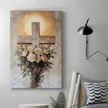 1PC Framed 1pc Framed Canvas Poster, Cross, Bouquet Of Roses, Religious Art Style Wall Art 2D Flat Print Canvas Paintings, Ideal Gift For Bedroom Living Room Corridor, Wall Art, Room Decoration- (Wrapped Canvas) - Multicolor - View 3
